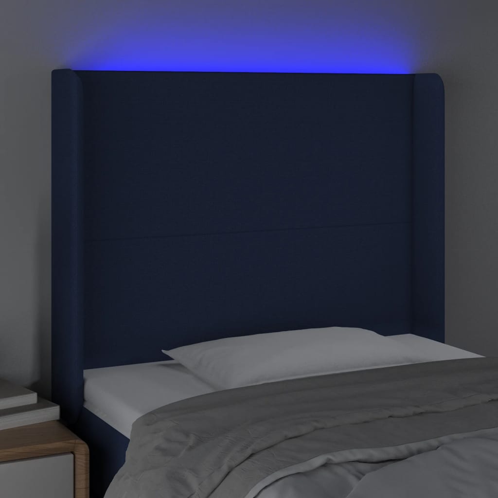 vidaXL Tăblie de pat cu LED, albastru, 83x16x118/128 cm, textil
