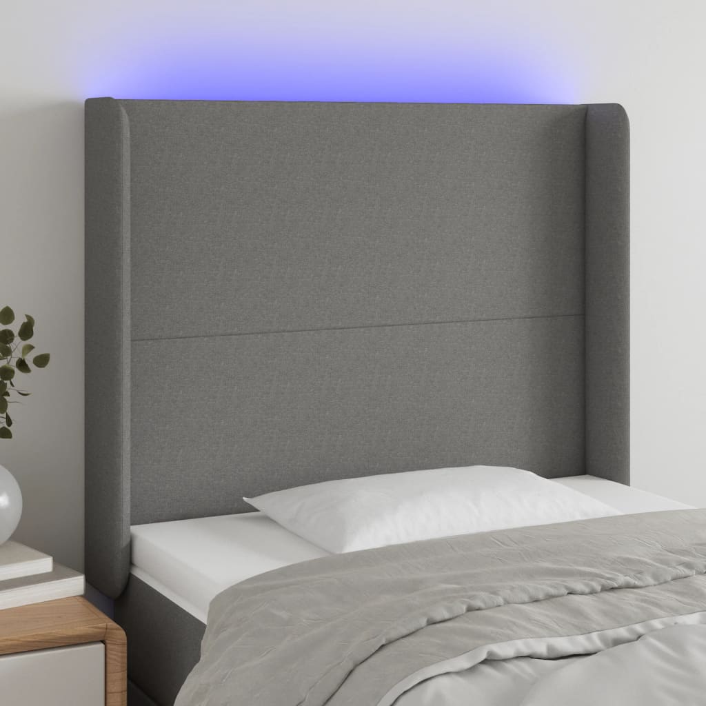 vidaXL Tăblie de pat cu LED, gri închis, 93x16x118/128 cm, textil vidaXL Tăblie de pat cu LED, gri închis, 93x16x118/128 cm, textil
