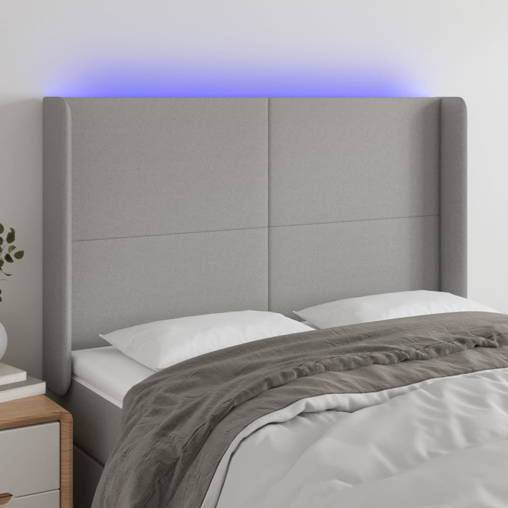 vidaXL Tăblie de pat cu LED, gri deschis, 147x16x118/128 cm, textil