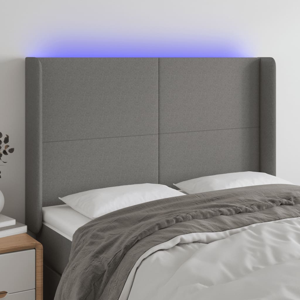 vidaXL Tăblie de pat cu LED, gri închis, 147x16x118/128 cm, textil vidaXL Tăblie de pat cu LED, gri închis, 147x16x118/128 cm, textil