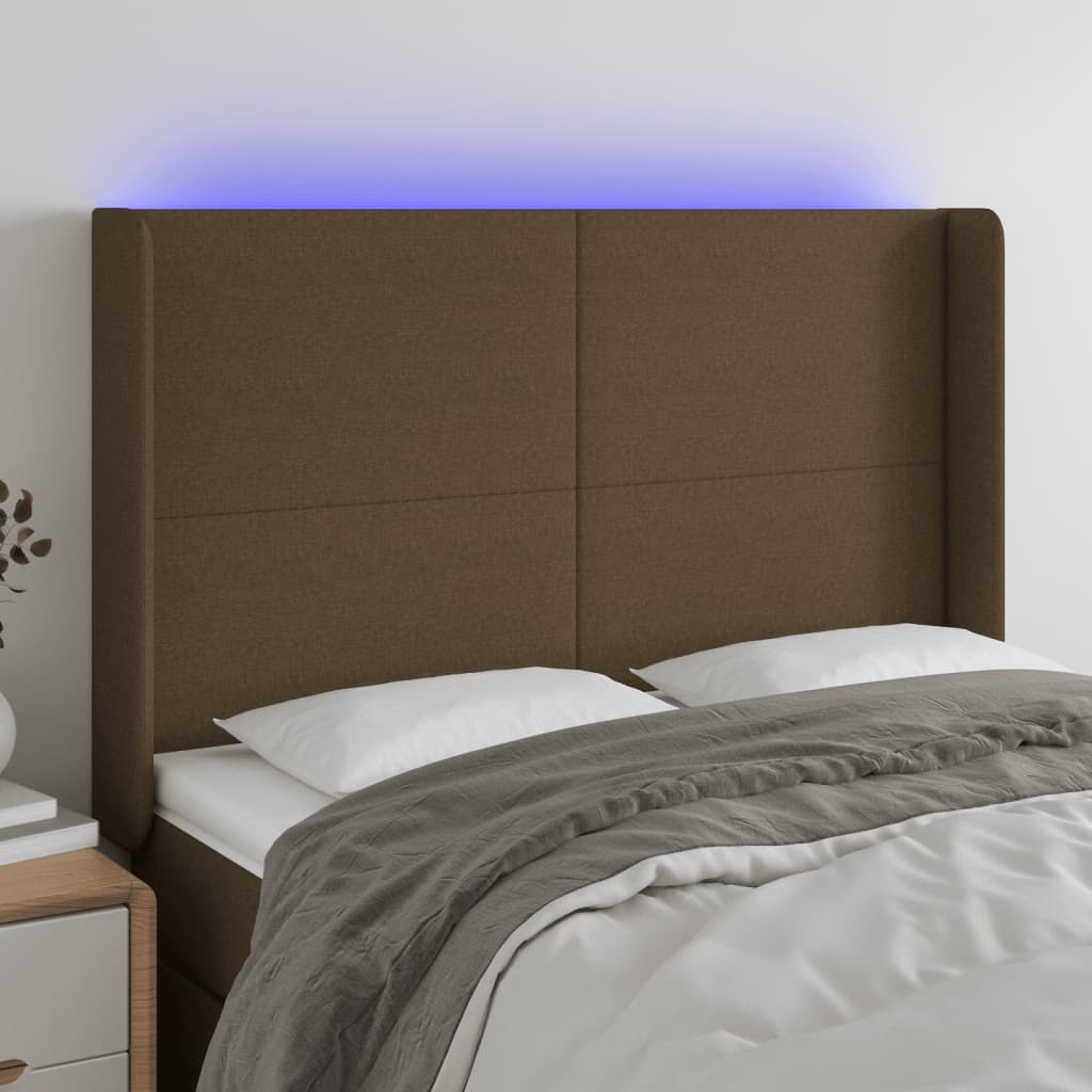 vidaXL Tăblie de pat cu LED, maro închis, 147x16x118/128 cm, textil vidaXL Tăblie de pat cu LED, maro închis, 147x16x118/128 cm, textil