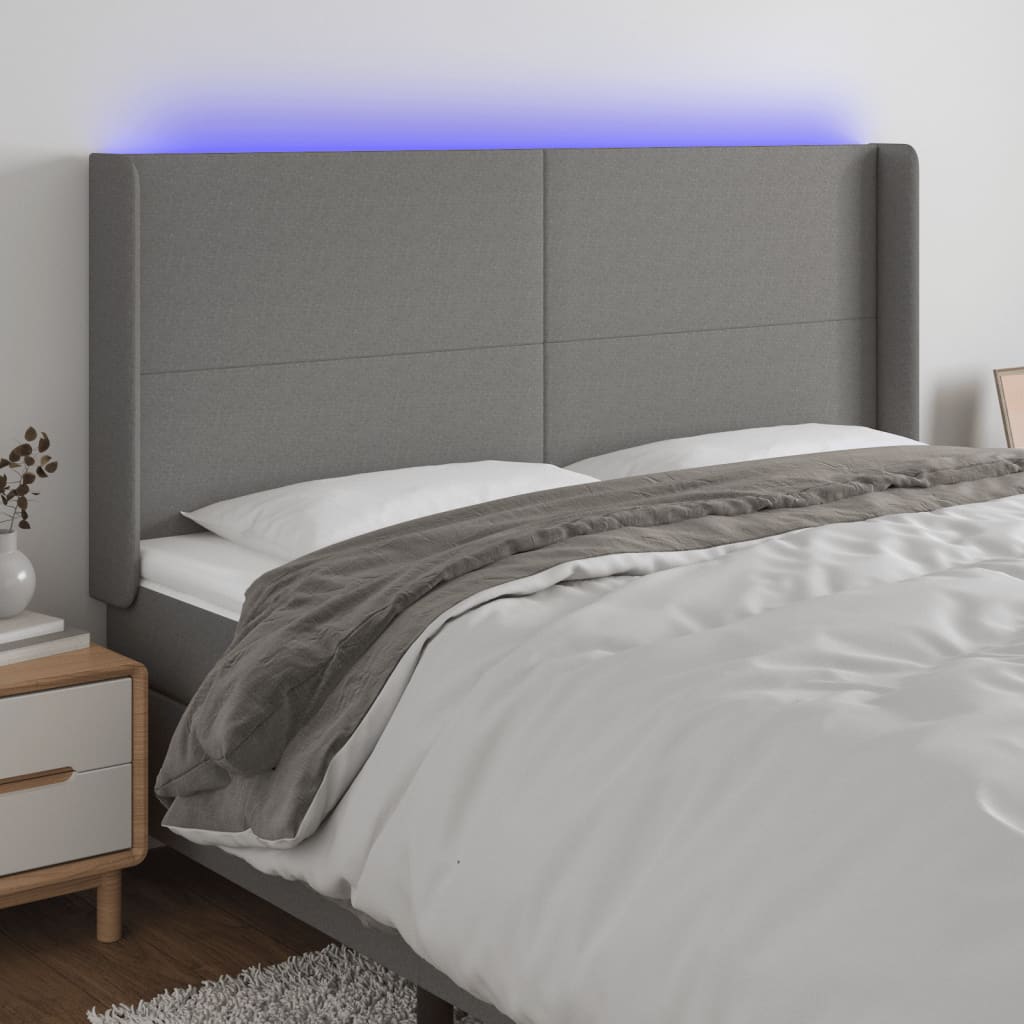 vidaXL Tăblie de pat cu LED, gri închis, 163x16x118/128 cm, textil