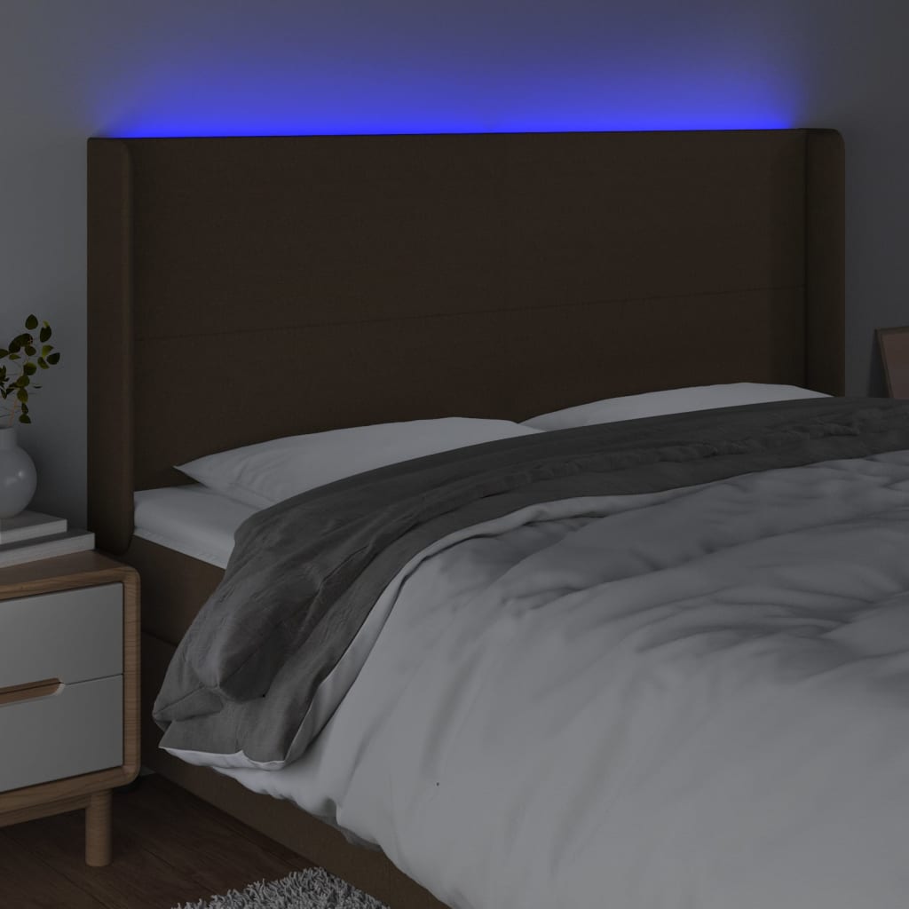 vidaXL Tăblie de pat cu LED, maro închis, 203x16x118/128 cm, textil vidaXL Tăblie de pat cu LED, maro închis, 203x16x118/128 cm, textil
