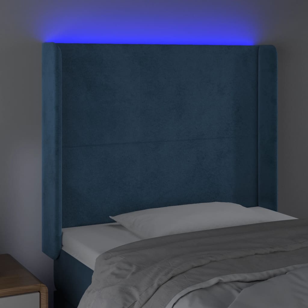 vidaXL Tăblie de pat cu LED, albastru închis, 93x16x118/128cm, catifea