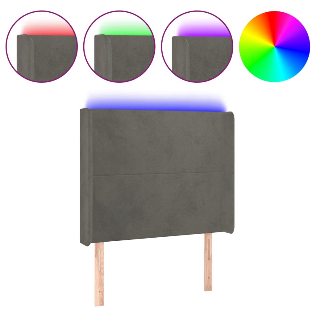 vidaXL Tăblie de pat cu LED, gri închis, 103x16x118/128 cm, catifea vidaXL Tăblie de pat cu LED, gri închis, 103x16x118/128 cm, catifea