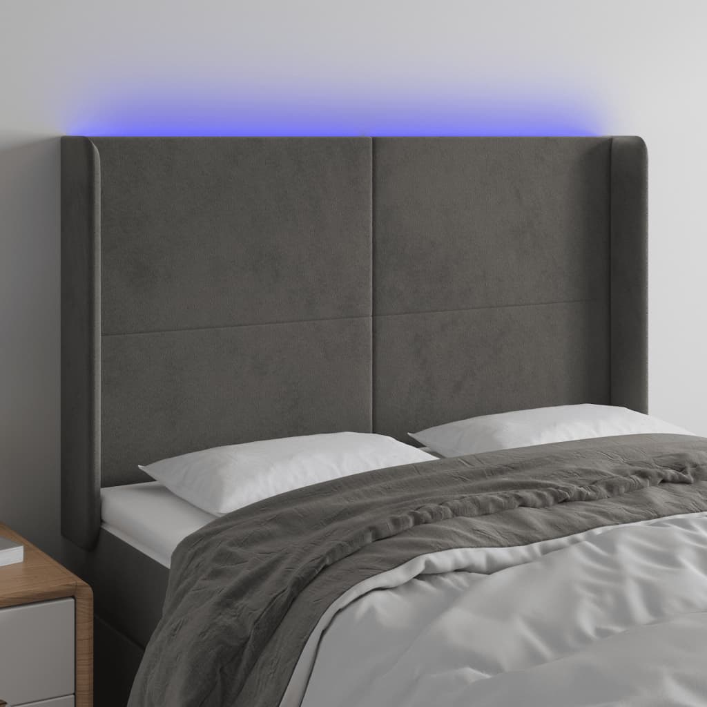vidaXL Tăblie de pat cu LED, gri închis, 147x16x118/128 cm, catifea vidaXL Tăblie de pat cu LED, gri închis, 147x16x118/128 cm, catifea