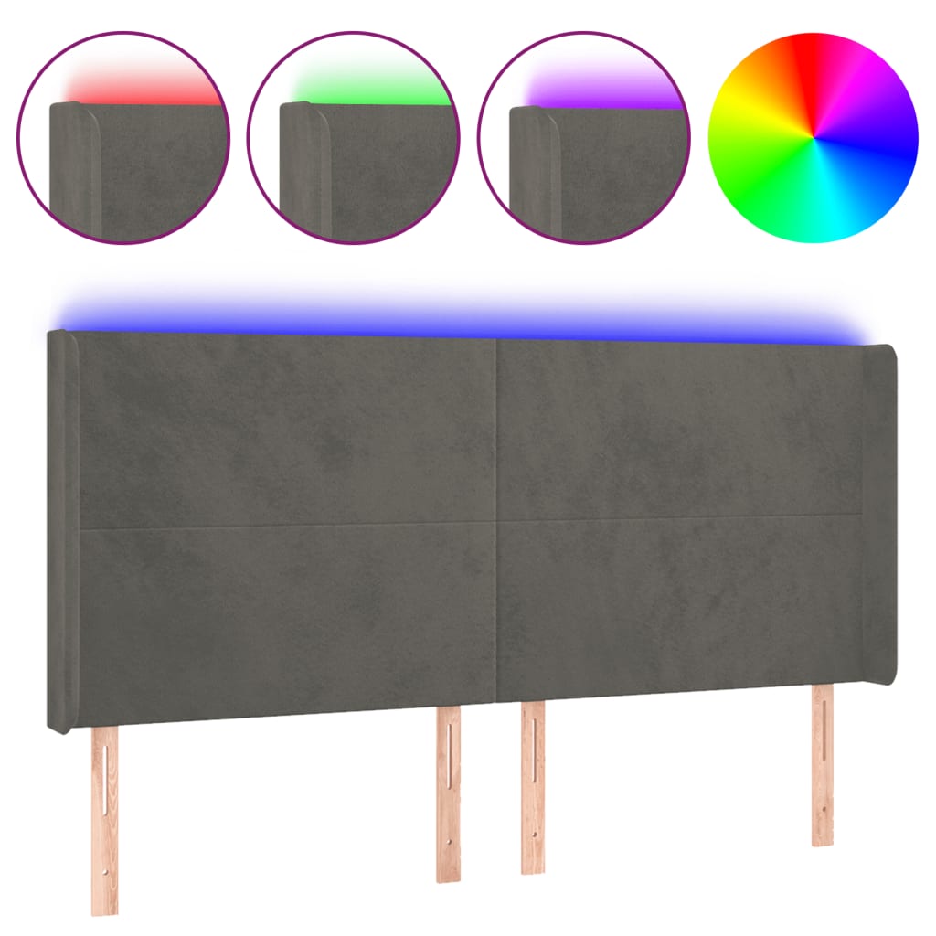 vidaXL Tăblie de pat cu LED, gri închis, 163x16x118/128 cm, catifea vidaXL Tăblie de pat cu LED, gri închis, 163x16x118/128 cm, catifea