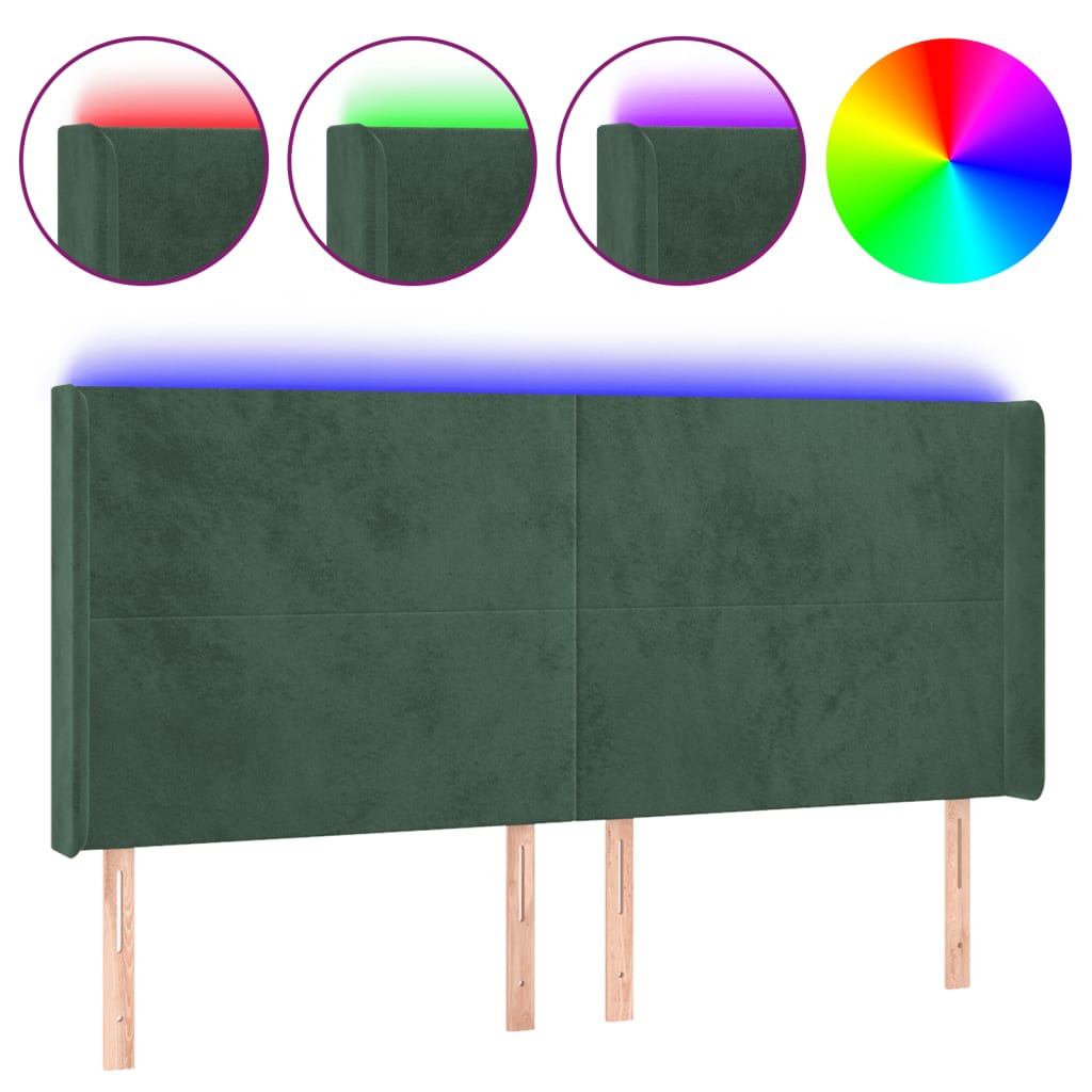 vidaXL Tăblie de pat cu LED, verde închis, 183x16x118/128 cm, catifea vidaXL Tăblie de pat cu LED, verde închis, 183x16x118/128 cm, catifea