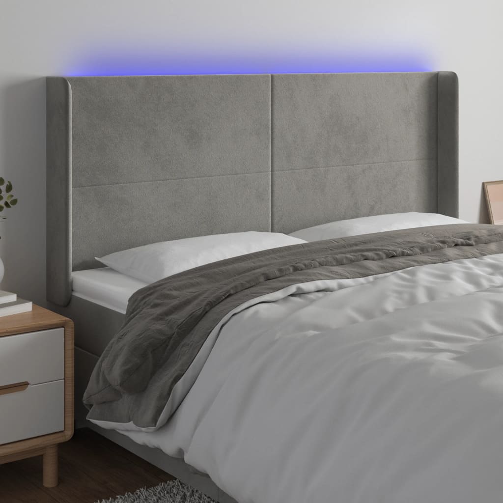vidaXL Tăblie de pat cu LED, gri deschis, 203x16x118/128 cm, catifea vidaXL Tăblie de pat cu LED, gri deschis, 203x16x118/128 cm, catifea