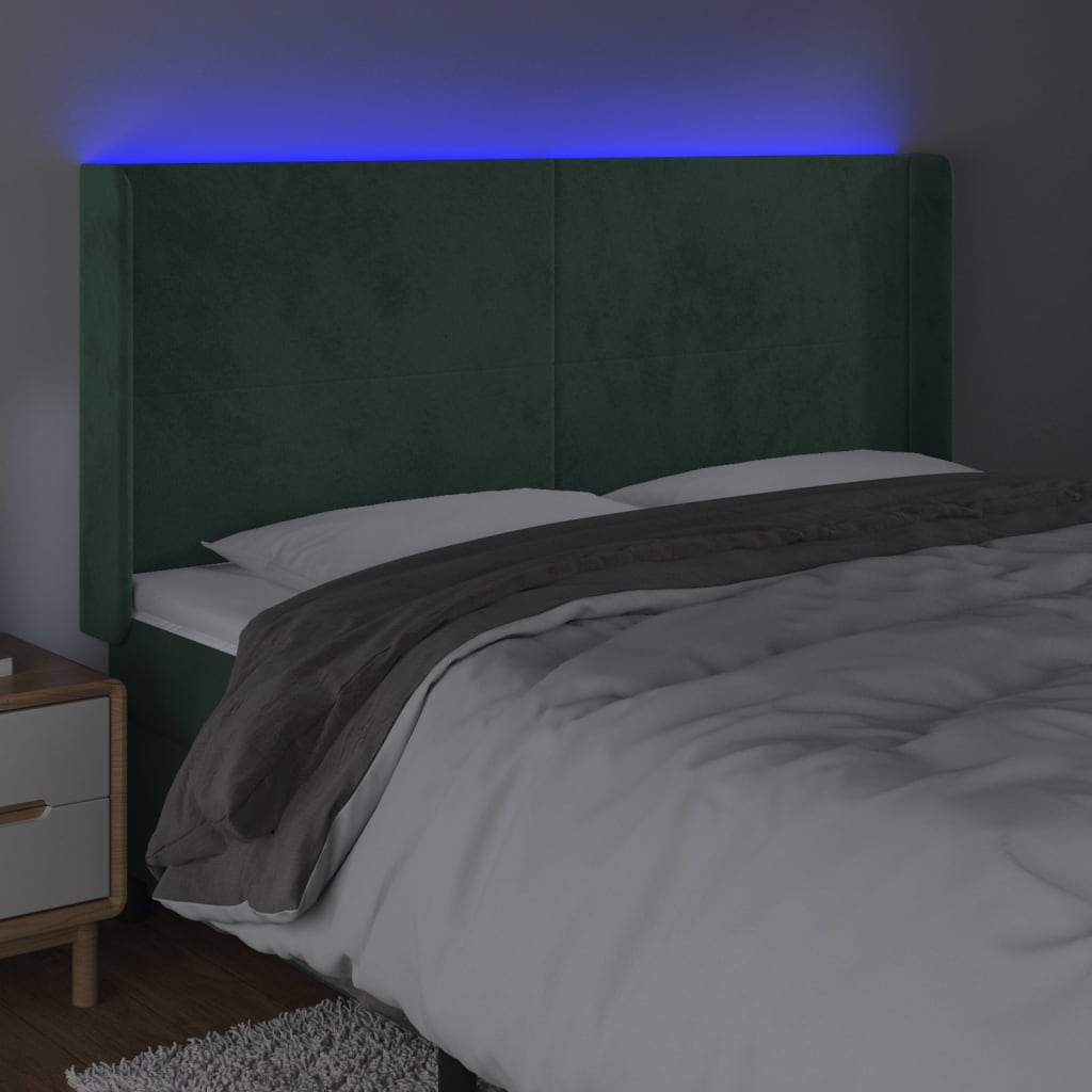 vidaXL Tăblie de pat cu LED, verde închis, 203x16x118/128 cm, catifea vidaXL Tăblie de pat cu LED, verde închis, 203x16x118/128 cm, catifea