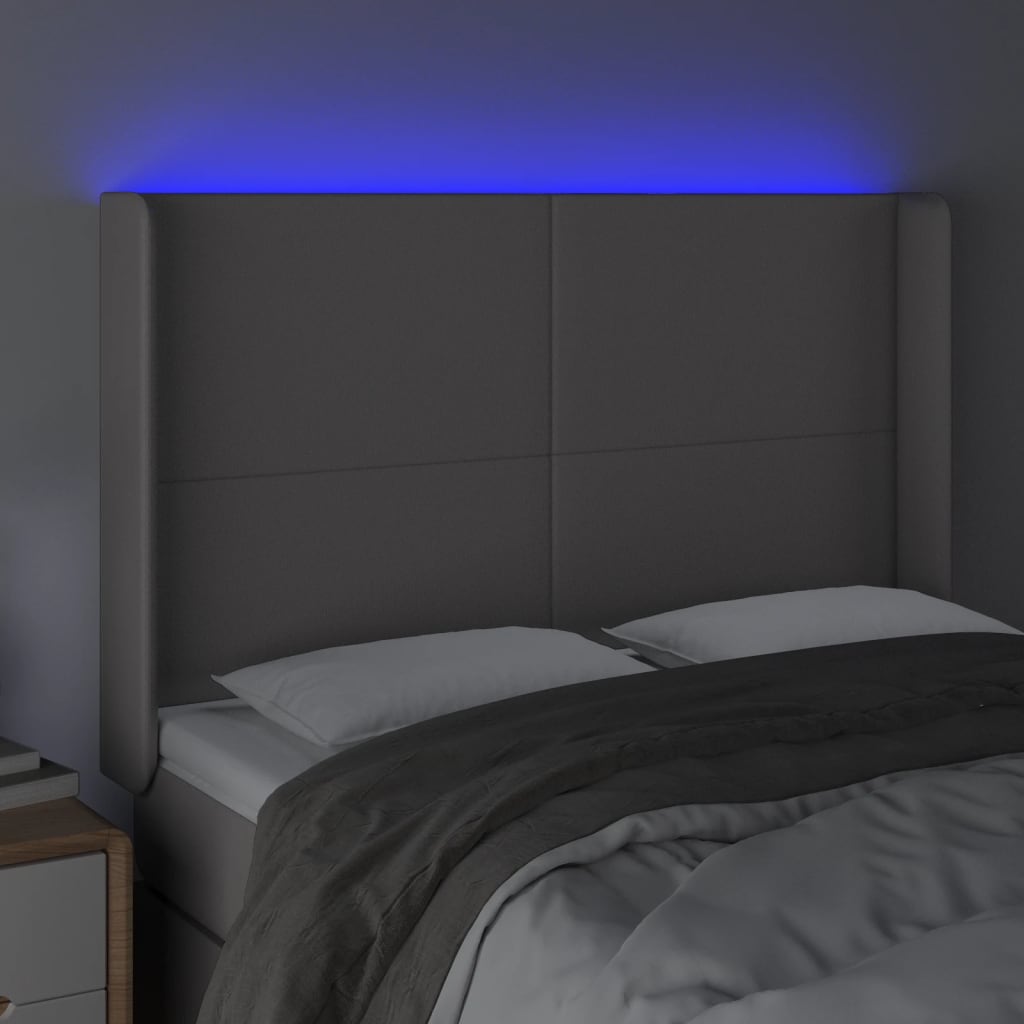 vidaXL Tăblie de pat cu LED, gri, 147x16x118/128 cm, piele ecologică