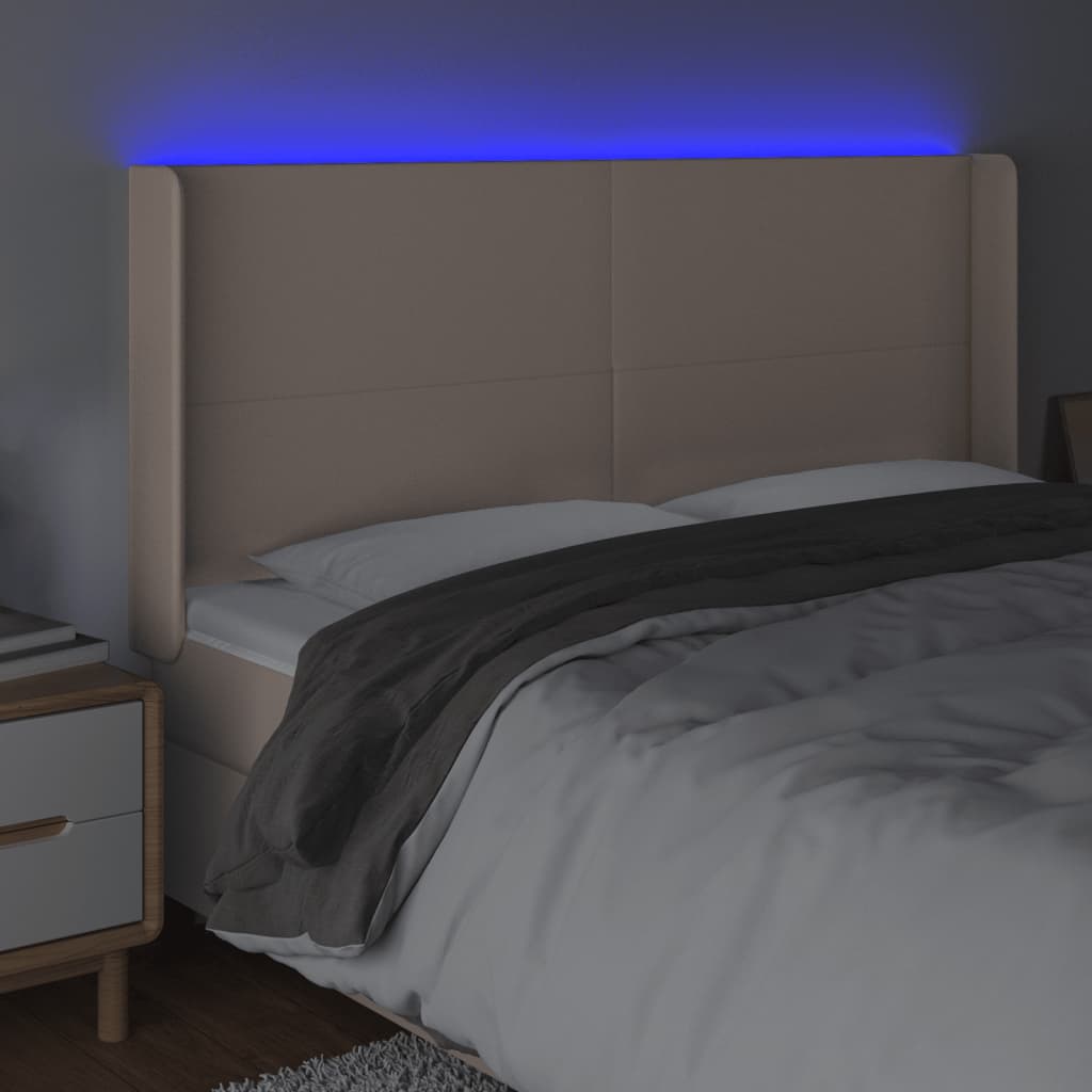 vidaXL Tăblie de pat cu LED, cappuccino, 183x16x118/128 cm, piele eco