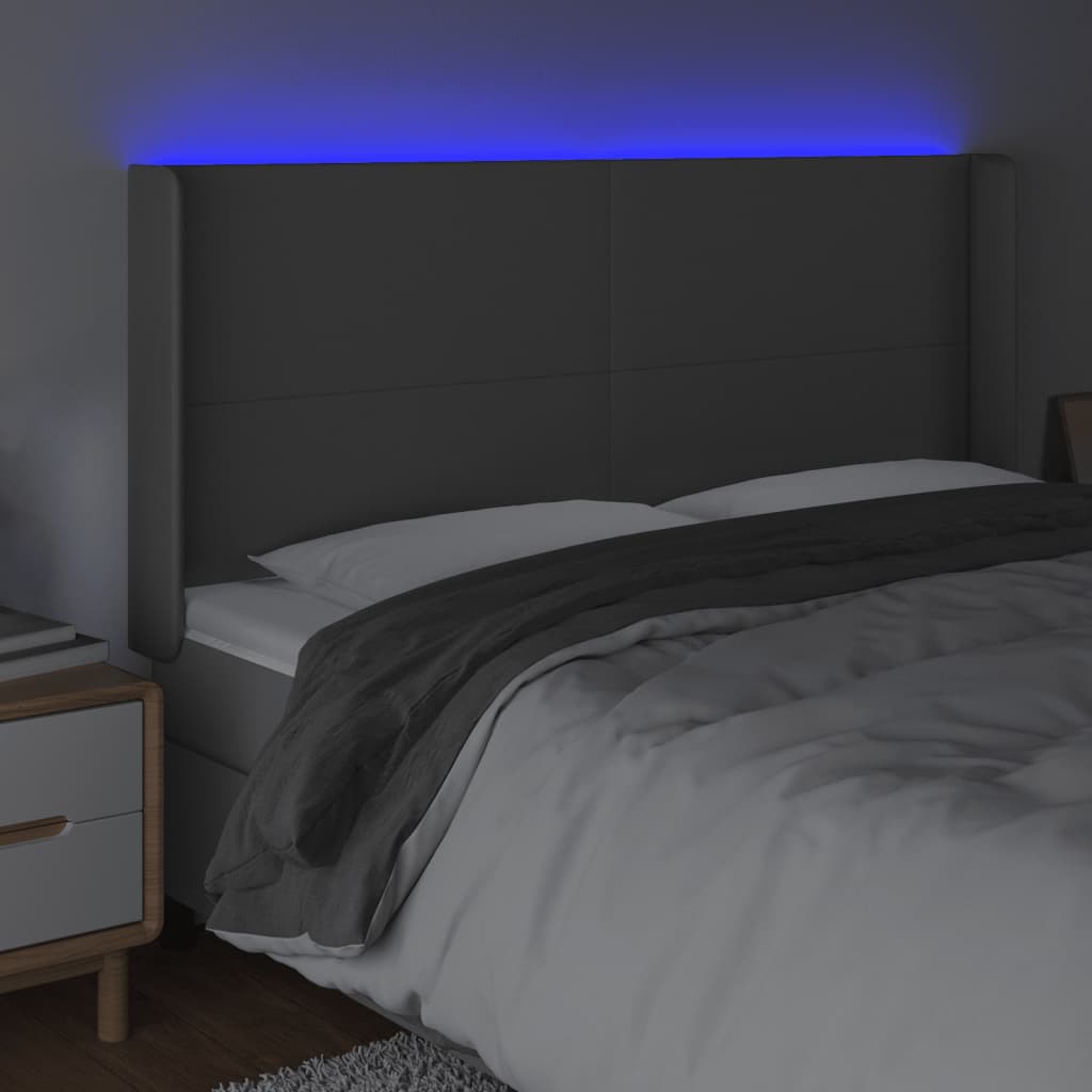 vidaXL Tăblie de pat cu LED, gri, 203x16x118/128 cm, piele ecologică