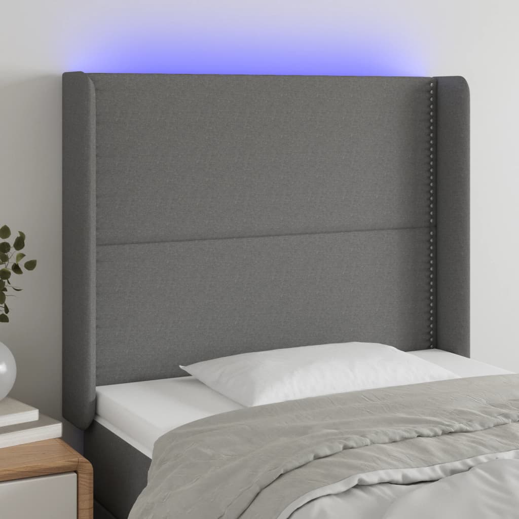 vidaXL Tăblie de pat cu LED, gri închis, 103x16x118/128 cm, textil vidaXL Tăblie de pat cu LED, gri închis, 103x16x118/128 cm, textil