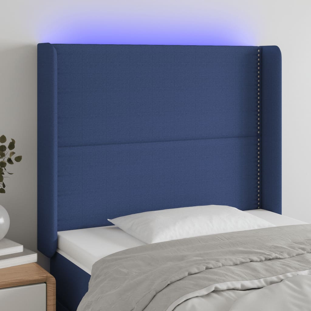 vidaXL Tăblie de pat cu LED, albastru, 103x16x118/128 cm, textil vidaXL Tăblie de pat cu LED, albastru, 103x16x118/128 cm, textil