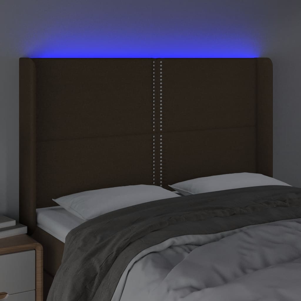 vidaXL Tăblie de pat cu LED, maro închis, 147x16x118/128 cm, textil vidaXL Tăblie de pat cu LED, maro închis, 147x16x118/128 cm, textil