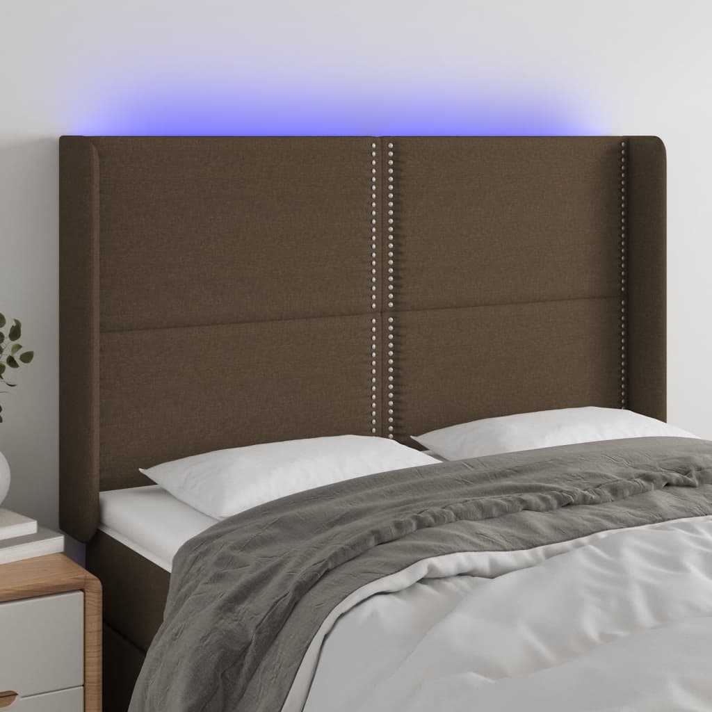 vidaXL Tăblie de pat cu LED, maro închis, 147x16x118/128 cm, textil vidaXL Tăblie de pat cu LED, maro închis, 147x16x118/128 cm, textil
