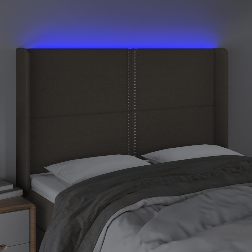 vidaXL Tăblie de pat cu LED, gri taupe, 147x16x118/128 cm, textil vidaXL Tăblie de pat cu LED, gri taupe, 147x16x118/128 cm, textil