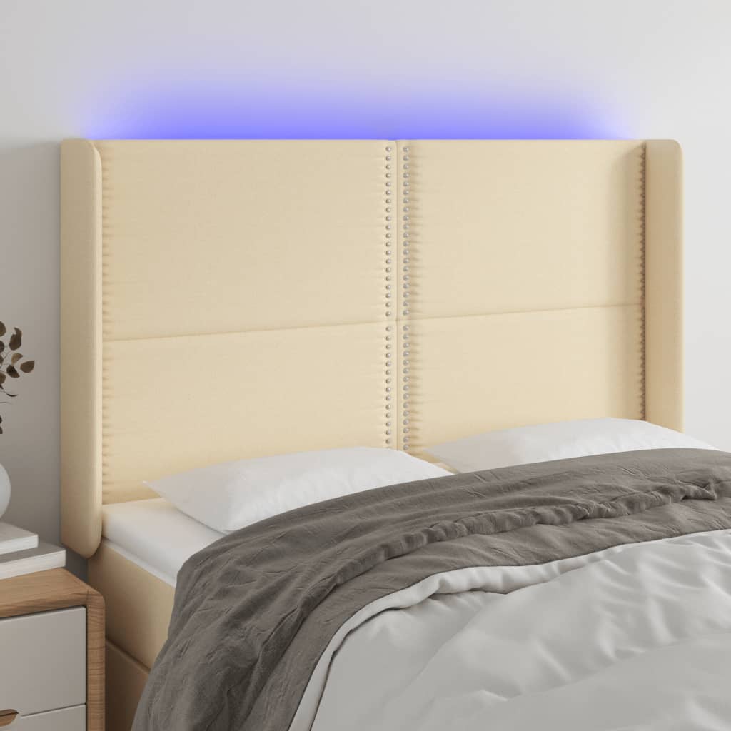 vidaXL Tăblie de pat cu LED, crem, 147x16x118/128 cm, textil vidaXL Tăblie de pat cu LED, crem, 147x16x118/128 cm, textil
