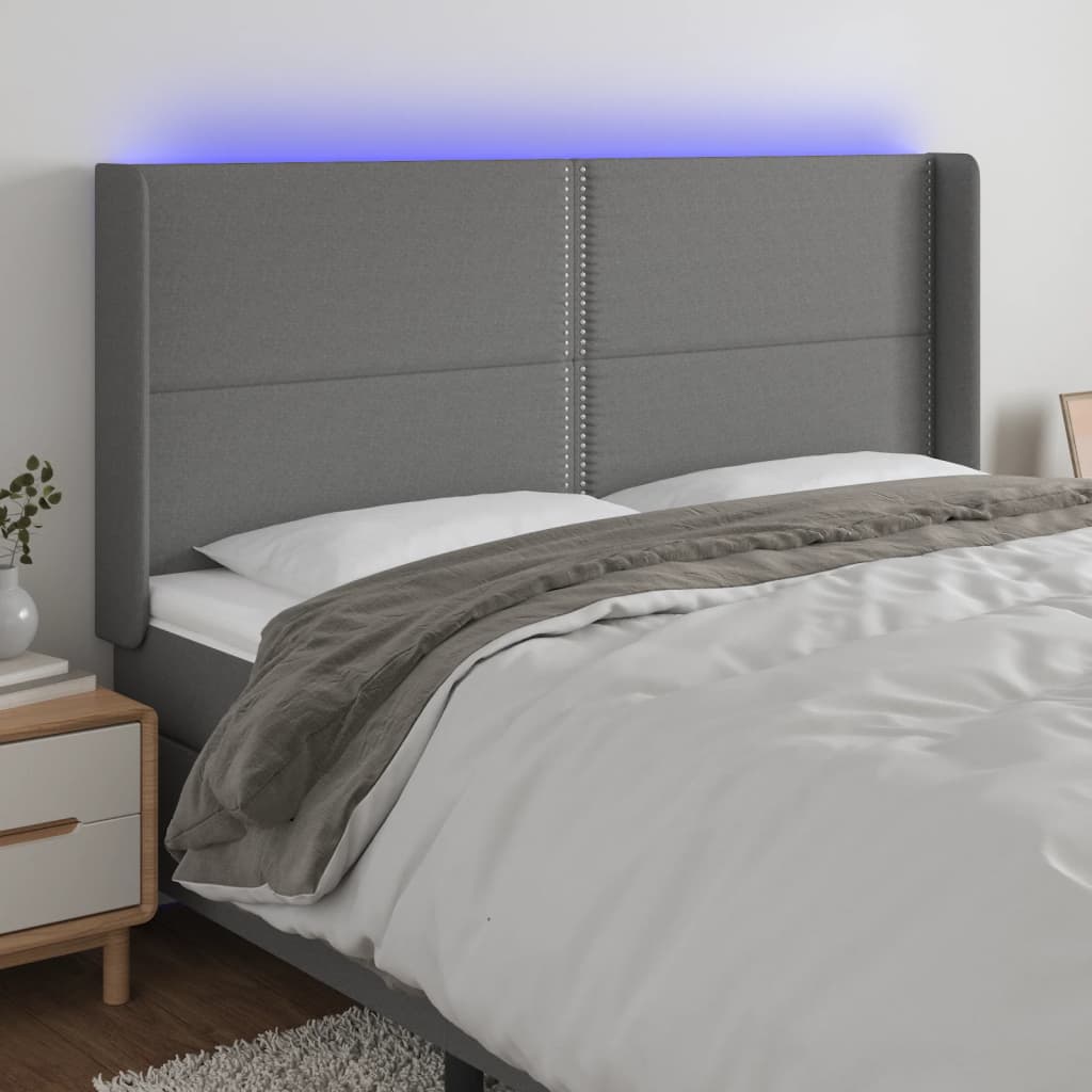 vidaXL Tăblie de pat cu LED, gri închis, 163x16x118/128 cm, textil