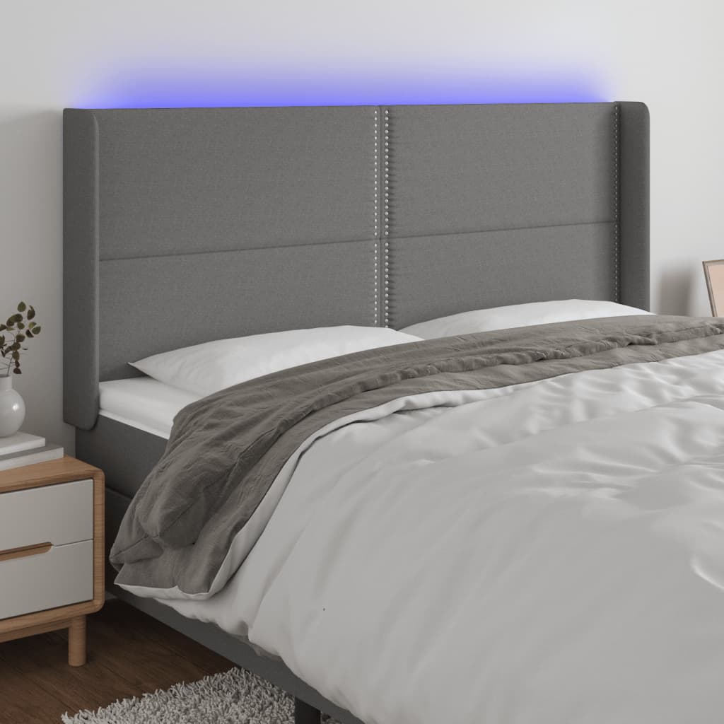 vidaXL Tăblie de pat cu LED, gri închis, 203x16x118/128 cm, textil vidaXL Tăblie de pat cu LED, gri închis, 203x16x118/128 cm, textil