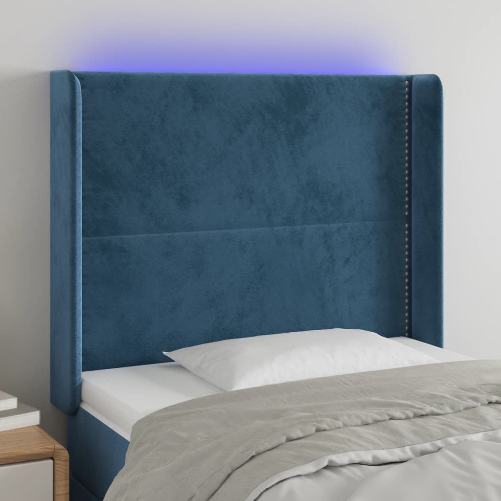 vidaXL Tăblie de pat cu LED, albastru închis, 93x16x118/128cm, catifea