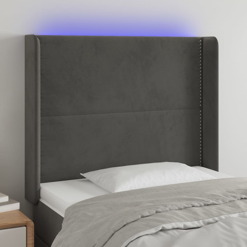 vidaXL Tăblie de pat cu LED, gri închis, 103x16x118/128 cm, catifea vidaXL Tăblie de pat cu LED, gri închis, 103x16x118/128 cm, catifea