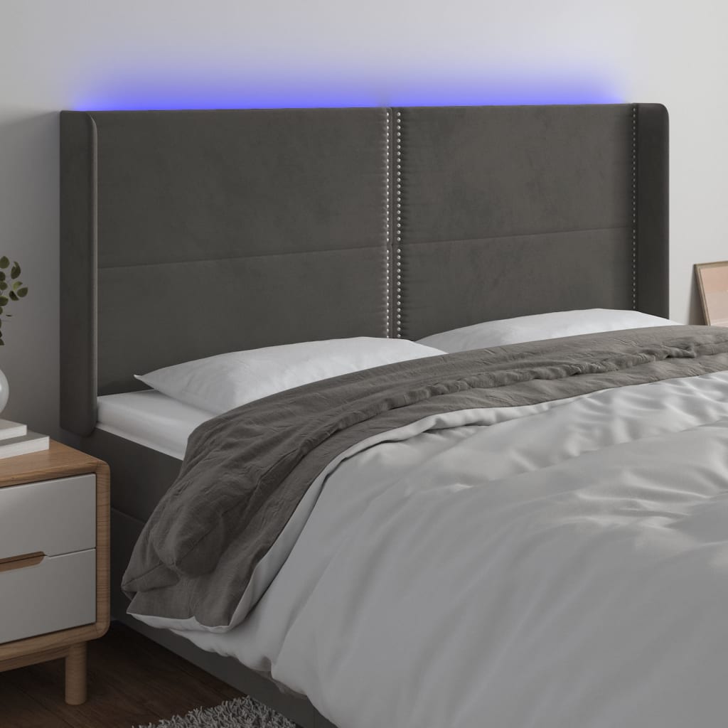 vidaXL Tăblie de pat cu LED, gri închis, 163x16x118/128 cm, catifea vidaXL Tăblie de pat cu LED, gri închis, 163x16x118/128 cm, catifea