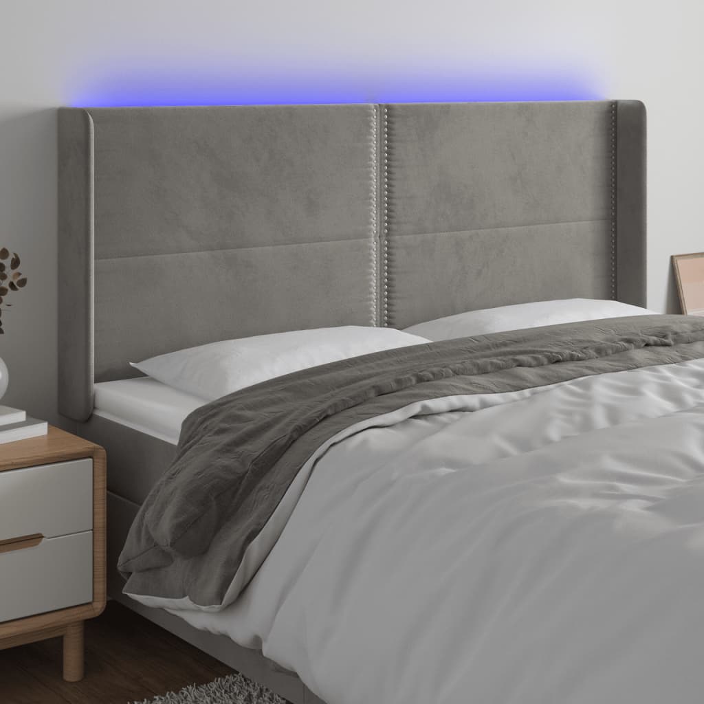 vidaXL Tăblie de pat cu LED, gri deschis, 183x16x118/128 cm, catifea vidaXL Tăblie de pat cu LED, gri deschis, 183x16x118/128 cm, catifea