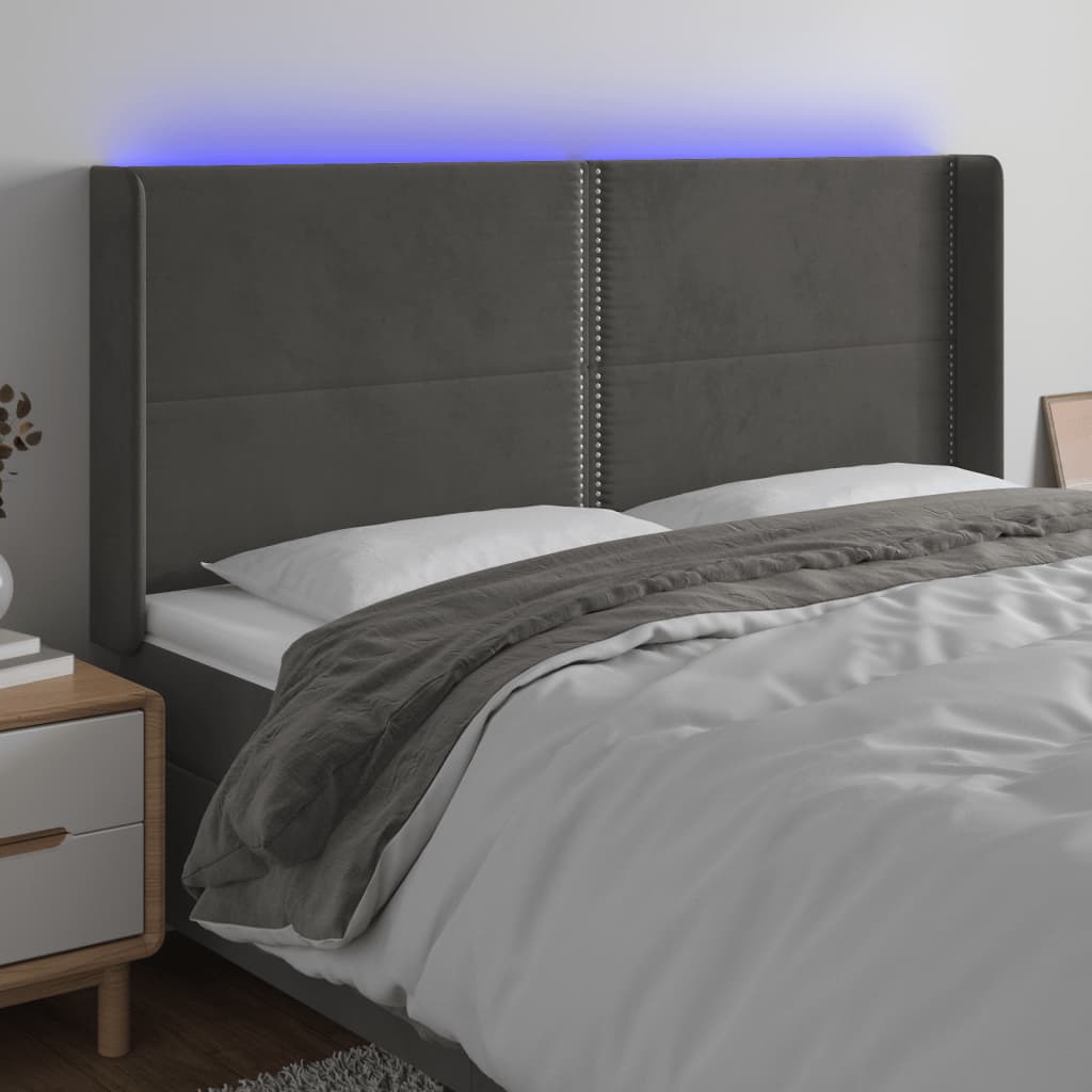 vidaXL Tăblie de pat cu LED, gri închis, 183x16x118/128 cm, catifea vidaXL Tăblie de pat cu LED, gri închis, 183x16x118/128 cm, catifea