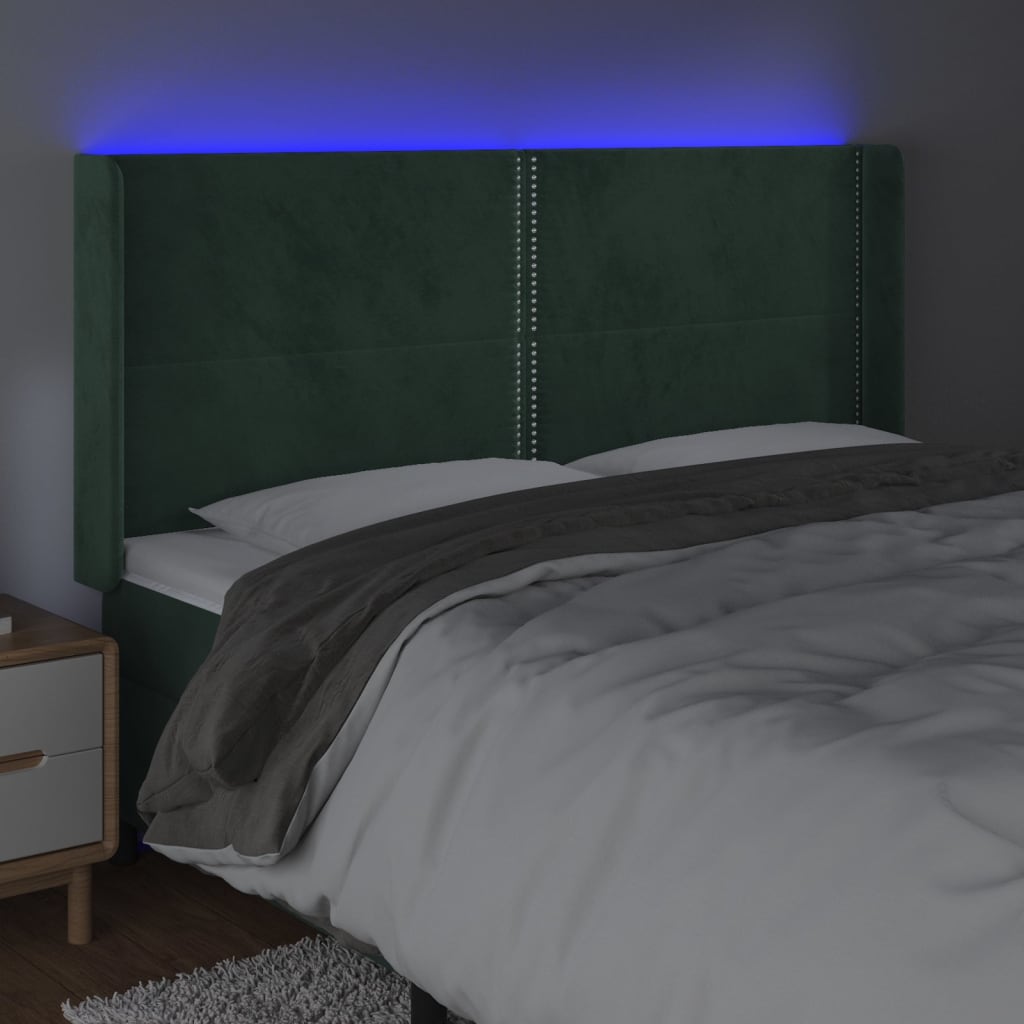 vidaXL Tăblie de pat cu LED, verde închis, 203x16x118/128 cm, catifea vidaXL Tăblie de pat cu LED, verde închis, 203x16x118/128 cm, catifea