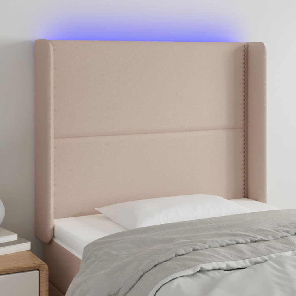 vidaXL Tăblie de pat cu LED cappuccino 93x16x118/128cm piele ecologică vidaXL Tăblie de pat cu LED cappuccino 93x16x118/128cm piele ecologică