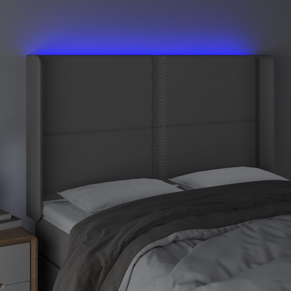 vidaXL Tăblie de pat cu LED, gri, 147x16x118/128 cm, piele ecologică vidaXL Tăblie de pat cu LED, gri, 147x16x118/128 cm, piele ecologică