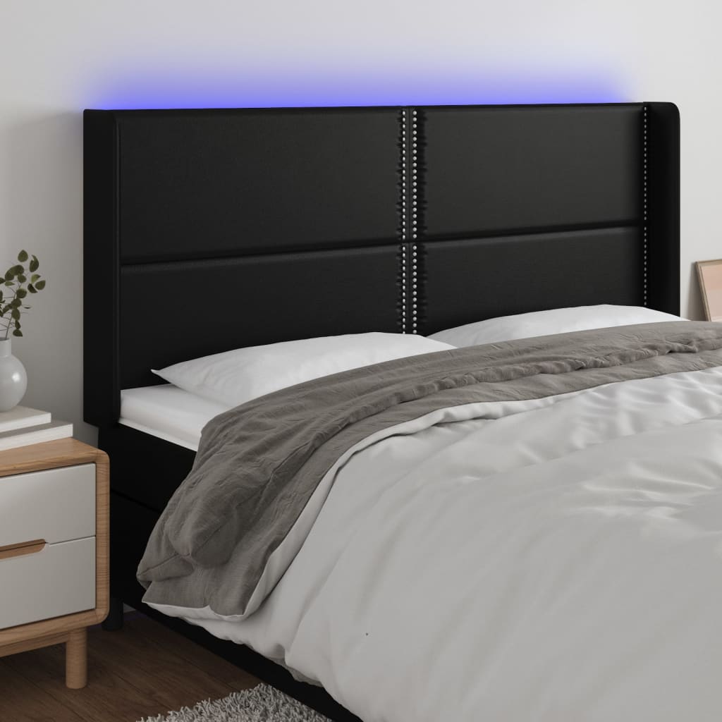 vidaXL Tăblie de pat cu LED, negru, 183x16x118/128 cm, piele ecologică vidaXL Tăblie de pat cu LED, negru, 183x16x118/128 cm, piele ecologică