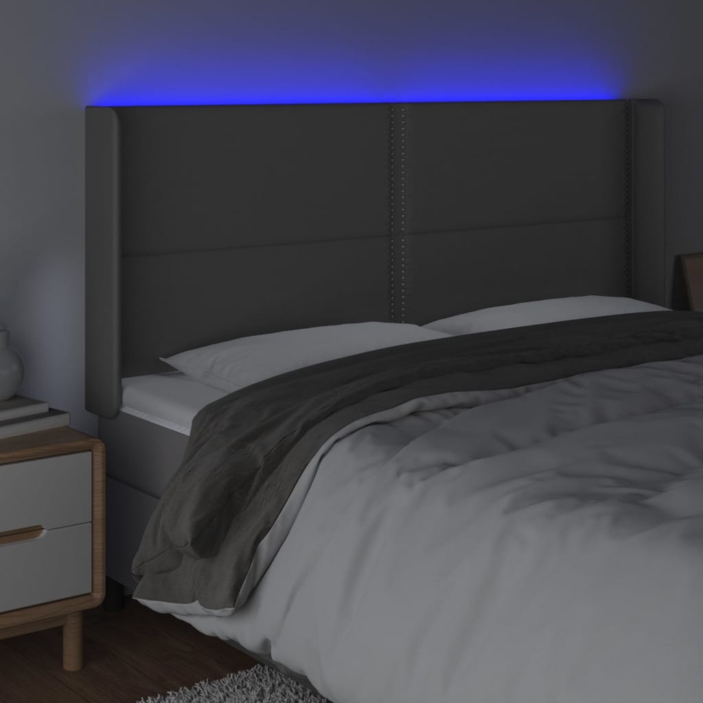 vidaXL Tăblie de pat cu LED, gri, 183x16x118/128 cm, piele ecologică vidaXL Tăblie de pat cu LED, gri, 183x16x118/128 cm, piele ecologică