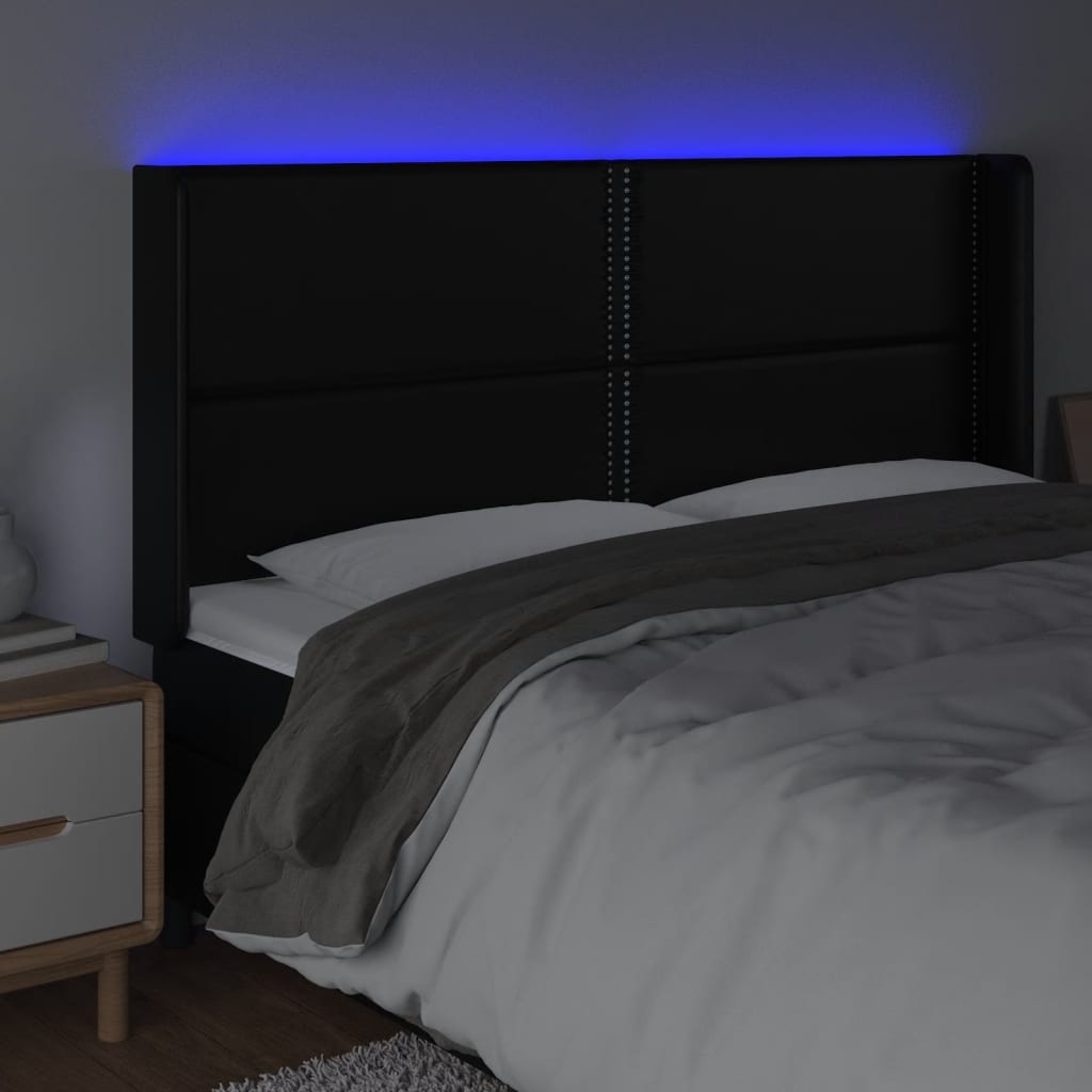 vidaXL Tăblie de pat cu LED, negru, 203x16x118/128 cm, piele ecologică vidaXL Tăblie de pat cu LED, negru, 203x16x118/128 cm, piele ecologică