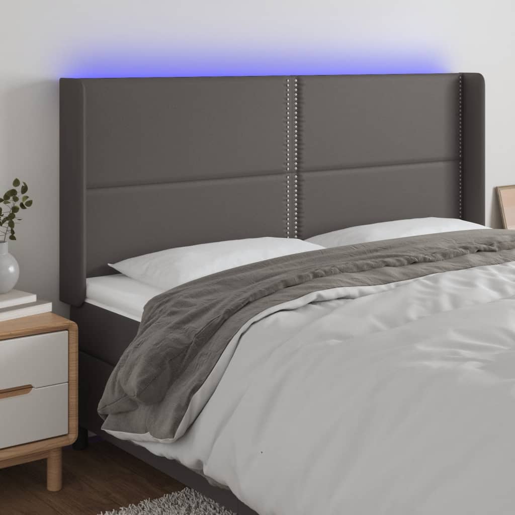 vidaXL Tăblie de pat cu LED, gri, 203x16x118/128 cm, piele ecologică vidaXL Tăblie de pat cu LED, gri, 203x16x118/128 cm, piele ecologică