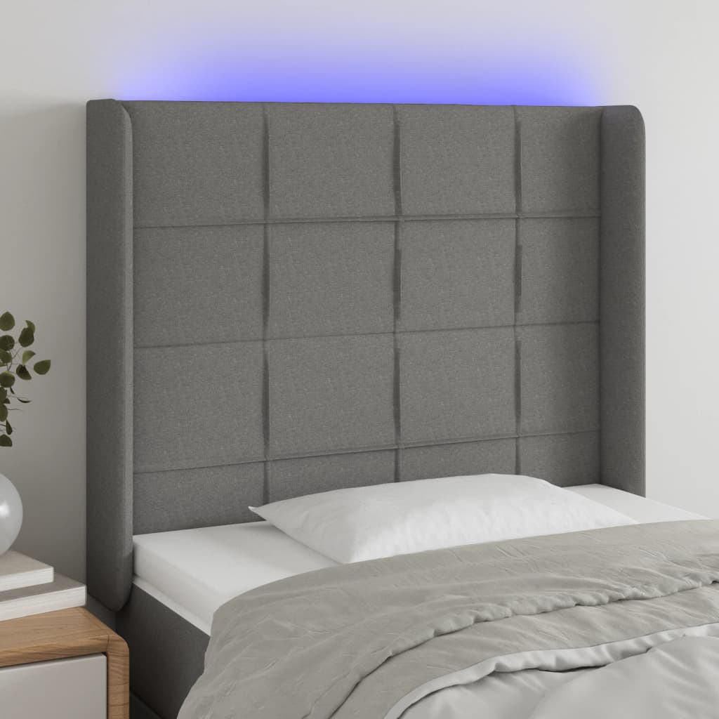 vidaXL Tăblie de pat cu LED, gri închis, 103x16x118/128 cm, textil vidaXL Tăblie de pat cu LED, gri închis, 103x16x118/128 cm, textil