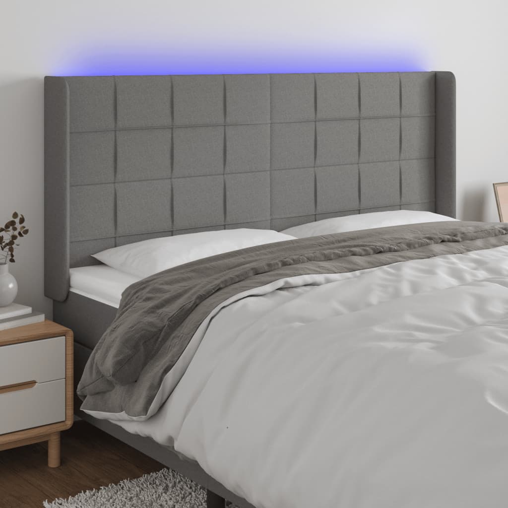 vidaXL Tăblie de pat cu LED, gri închis, 163x16x118/128 cm, textil vidaXL Tăblie de pat cu LED, gri închis, 163x16x118/128 cm, textil
