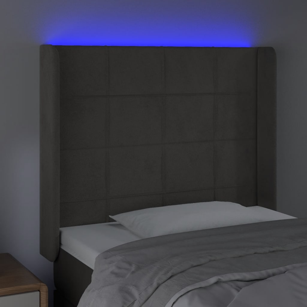 vidaXL Tăblie de pat cu LED, gri închis, 103x16x118/128 cm, catifea vidaXL Tăblie de pat cu LED, gri închis, 103x16x118/128 cm, catifea