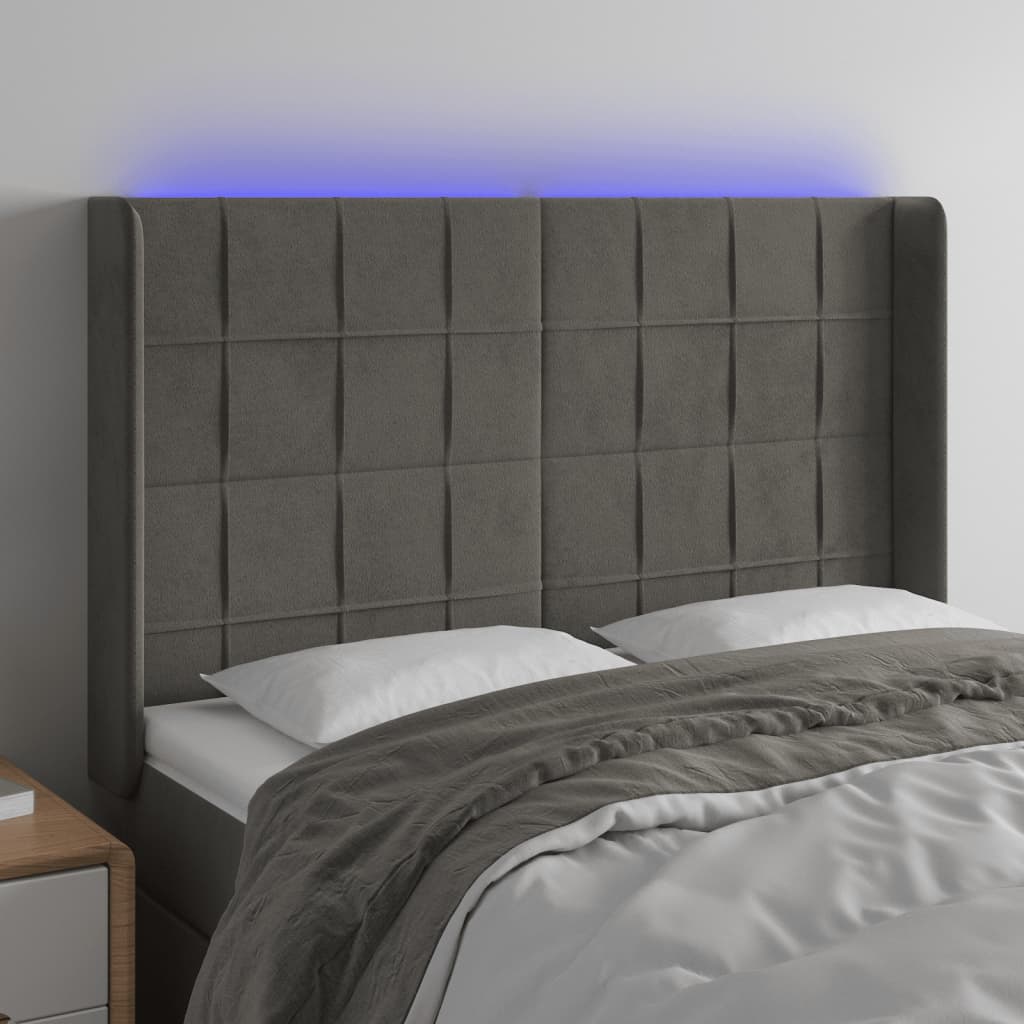 vidaXL Tăblie de pat cu LED, gri închis, 147x16x118/128 cm, catifea vidaXL Tăblie de pat cu LED, gri închis, 147x16x118/128 cm, catifea