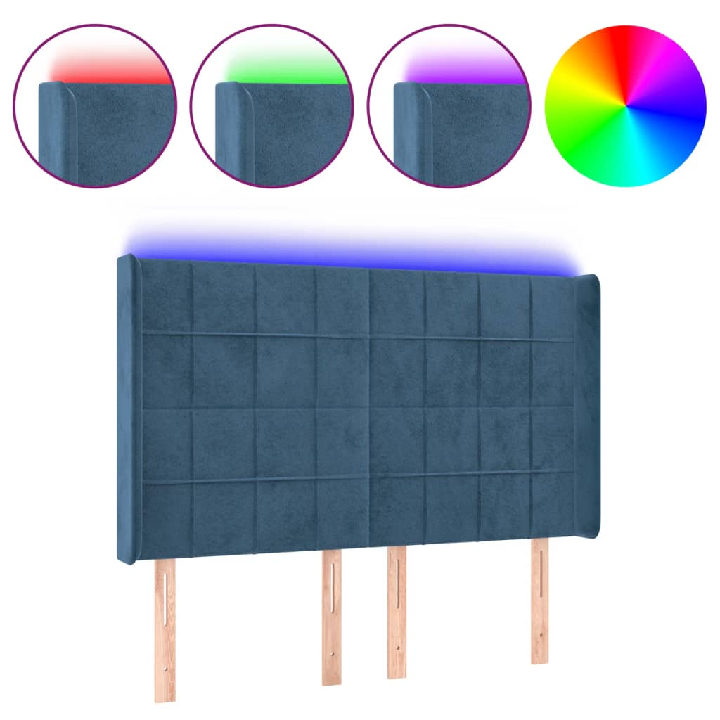 vidaXL Tăblie de pat cu LED, albastru închis, 147x16x118/128cm catifea