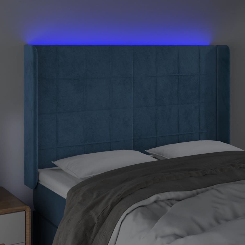 vidaXL Tăblie de pat cu LED, albastru închis, 147x16x118/128cm catifea