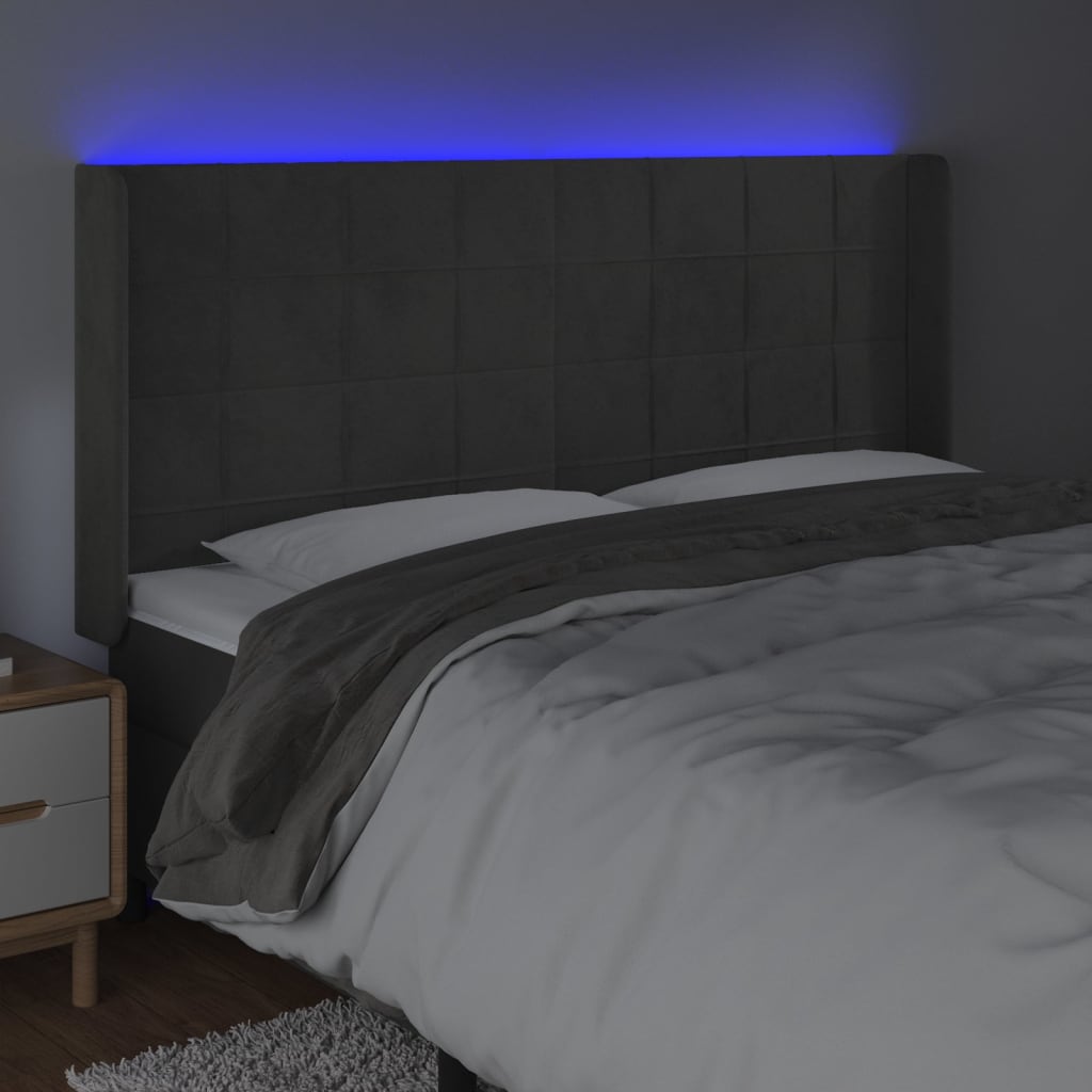 vidaXL Tăblie de pat cu LED, gri închis, 183x16x118/128 cm, catifea vidaXL Tăblie de pat cu LED, gri închis, 183x16x118/128 cm, catifea