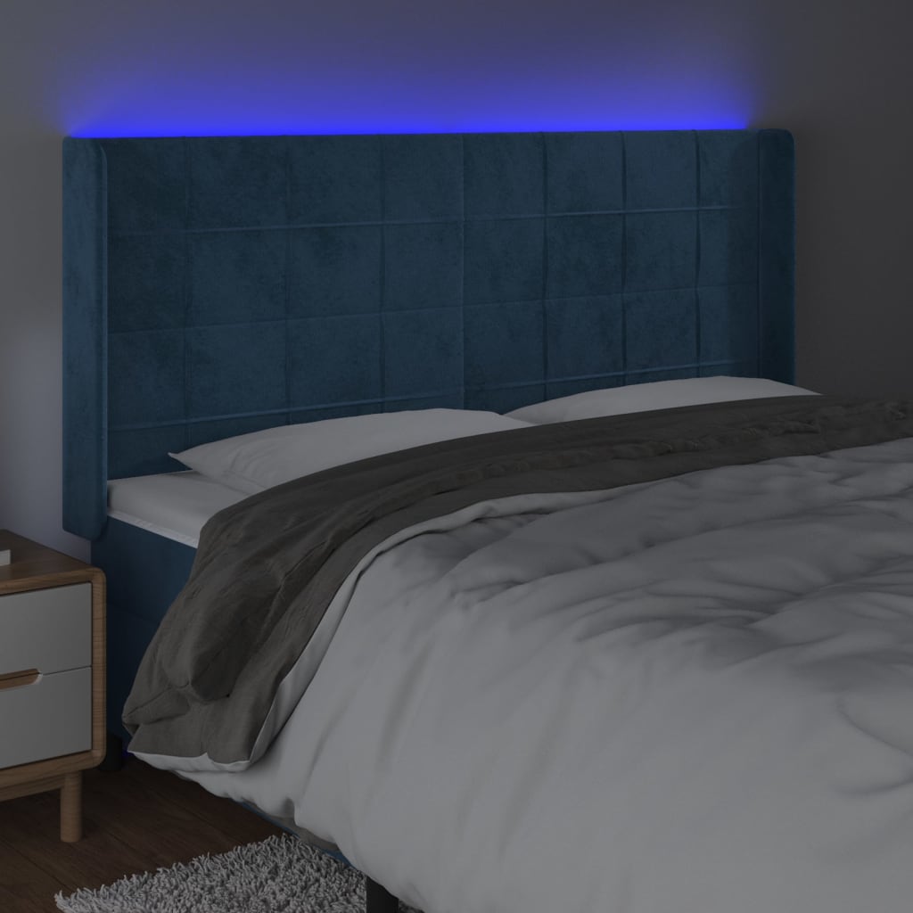vidaXL Tăblie de pat cu LED, albastru închis, 183x16x118/128cm catifea