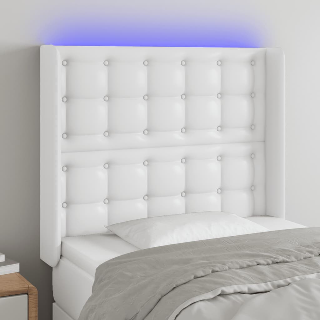 vidaXL Tăblie de pat cu LED, alb, 83x16x118/128 cm, piele ecologică