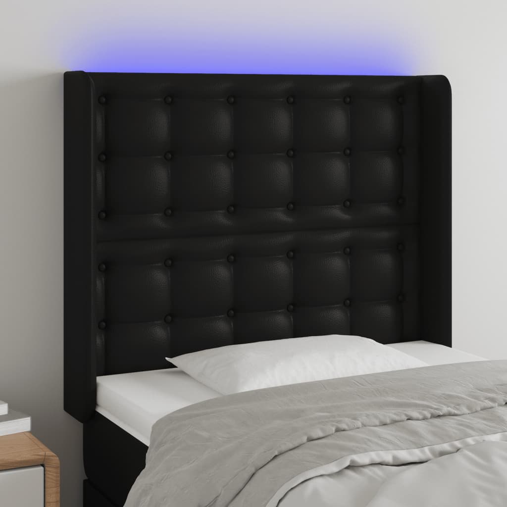 vidaXL Tăblie de pat cu LED, negru, 93x16x118/128 cm, piele ecologică