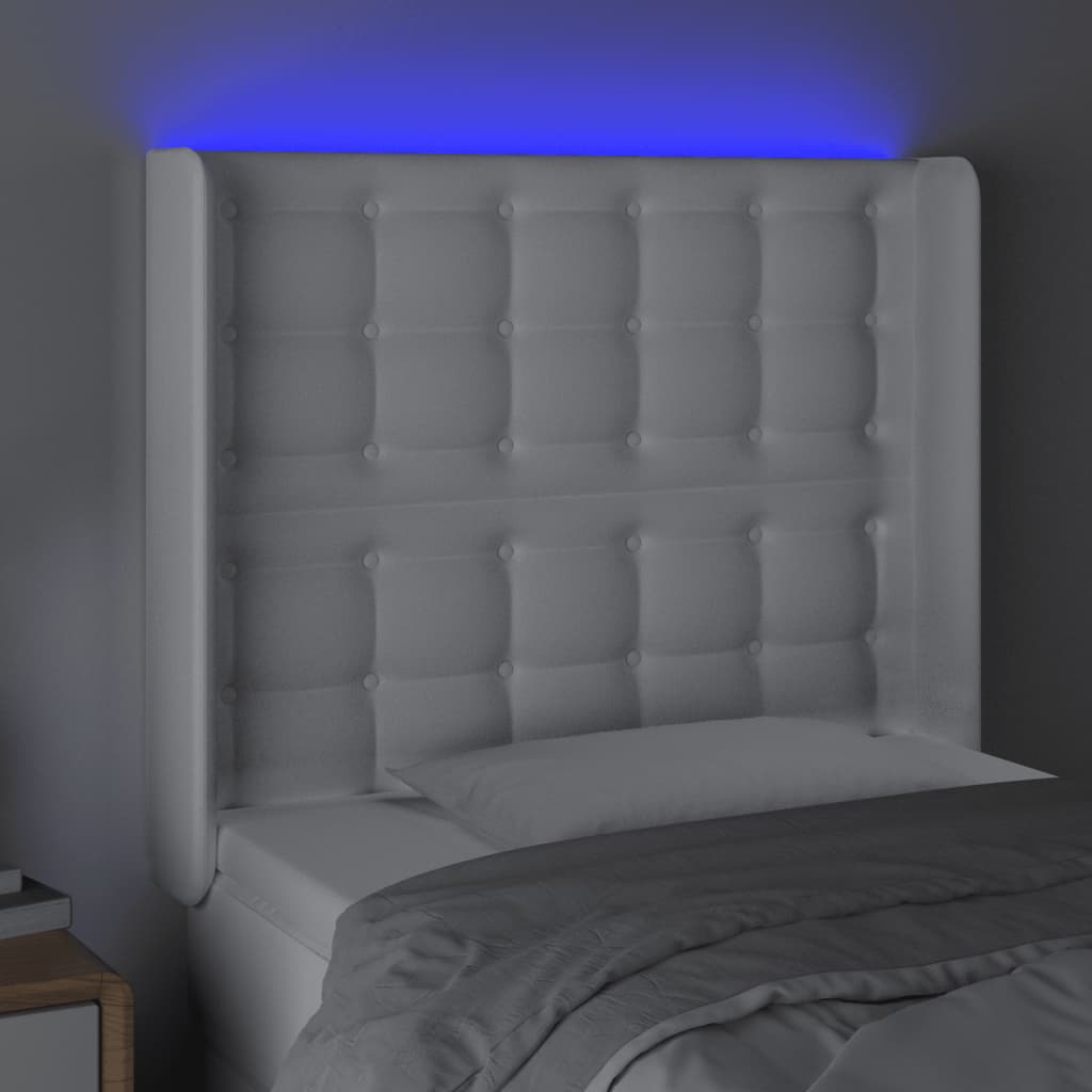 vidaXL Tăblie de pat cu LED, alb, 93x16x118/128 cm, piele ecologică