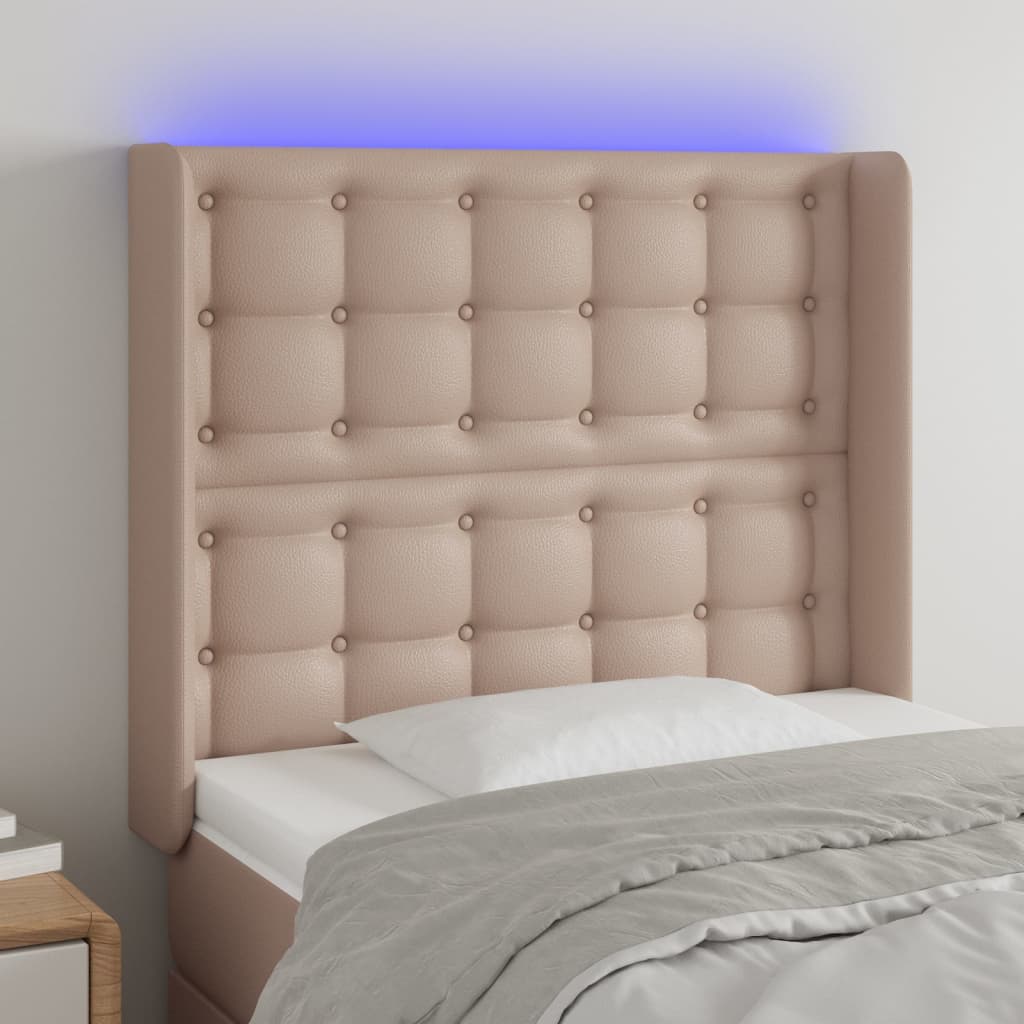 vidaXL Tăblie de pat cu LED cappuccino 93x16x118/128cm piele ecologică vidaXL Tăblie de pat cu LED cappuccino 93x16x118/128cm piele ecologică