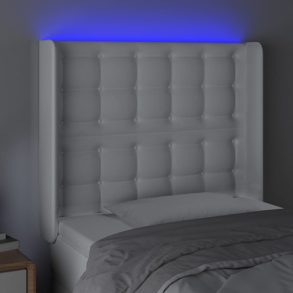 vidaXL Tăblie de pat cu LED, alb, 103x16x118/128 cm, piele ecologică vidaXL Tăblie de pat cu LED, alb, 103x16x118/128 cm, piele ecologică